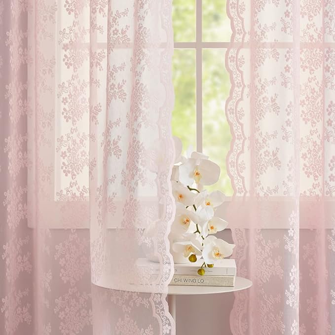 YJ YANJUN Vintage Lace Curtains 84 Inches Long- Pretty Pastel Floral Pink Sheer Curtain Panels for Living Room Girl Bedroom,Light Filtering, Cute Princess Girls Room Drapes 2 Panels 52W x 84L