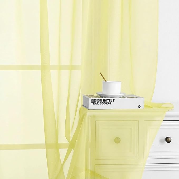 Chyhomenyc Sheer Curtains 84 Inches Long 2 Panels Set - Light Filtering Soft Airy Window Curtains, Rod Pocket for Living Room Bedroom Window Drapes, 42Wx84L Inch, Light Yellow