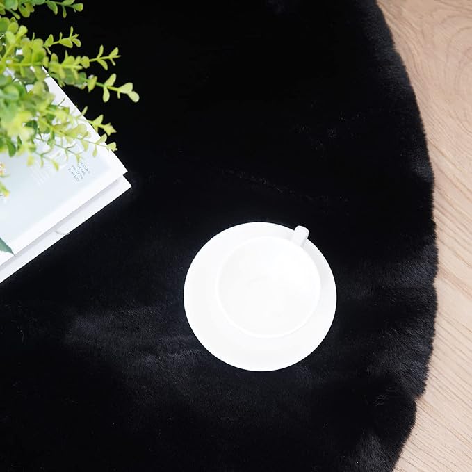 Ghouse Faux Rabbit Fur Round Rug 5ft Black Round Rugs for Bedroom Decor Fluffy Area Rugs for Living Room, no-Shedding Carpet Sheepskin Washable Rug Rome Decor