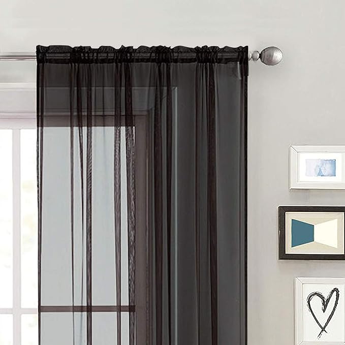 SpaceDresser Sheer Voile Window Treatment Rod Pocket Curtain Panels for Kitchen Bedroom Living Room Drapes Sunlight Filtering Privacy Semi Home Decor Assorted (Black, 52 W x 96 L)