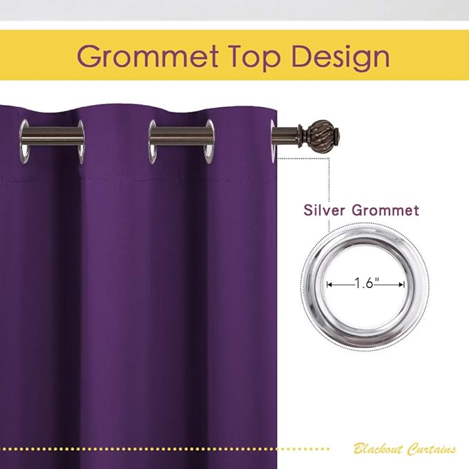 NICETOWN Blackout Curtain Panels for Bedroom, 2 Panels, Royal Purple, W42 x L40-inch, Thermal Insulated Grommet Top Blackout Draperies and Drapes for Basement