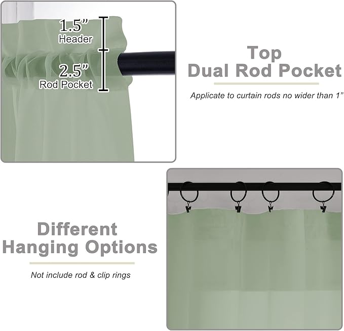 Sage Green Sheer Curtains for Bedroom Living Room 45 Inch Length 2 Panels, Soft Light Filtering Small Kitchen Window Curtains, Rod Pocket Short Curtain Drapes, Sage Green, 42" Wx45 L Inches