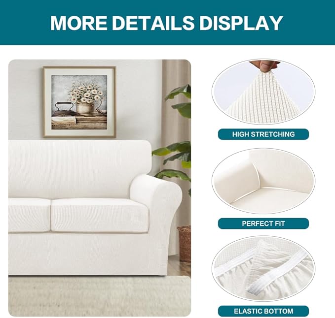 Turquoize 3 Piece Sofa Covers for 2 Cushion Couch Sofa Slipcover Soft Couch Cover for Dogs-Washable Sofa Furniture Cover with 2 Individual Cushion Covers, Thick Jacquard Fabric (Loveseat, Porcelain)