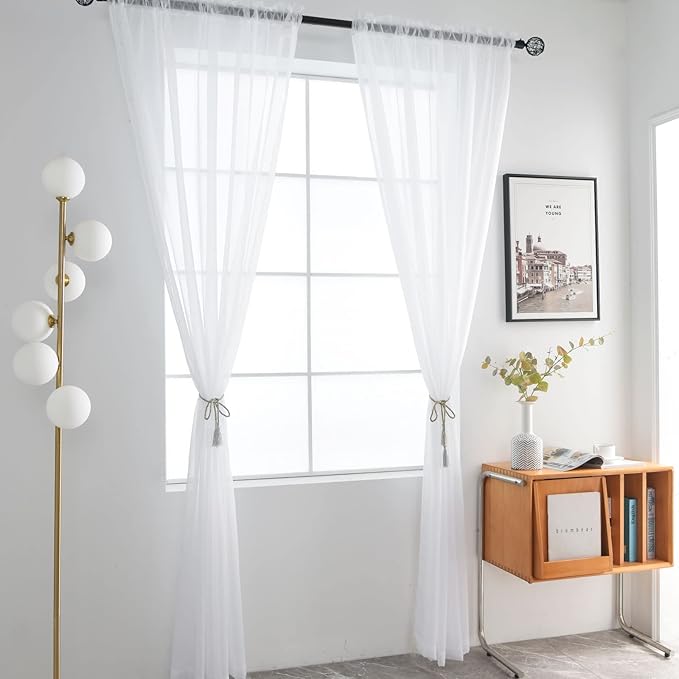 SpaceDresser Basic Rod Pocket Sheer Voile Window Curtain Panels White 1 Pair 2 Panels 38 Width 72 Inch Long for Kitchen Bedroom Children Living Room Yard(White,38 W x 72 L)