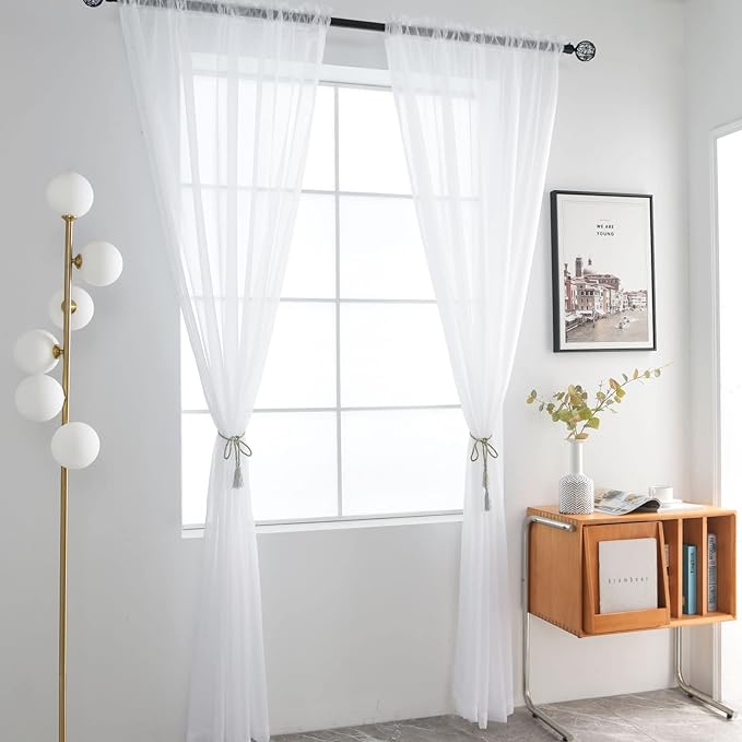 SpaceDresser Basic Rod Pocket Sheer Voile Window Curtain Panels White 1 Pair 2 Panels 70 Width 63 Inch Long for Kitchen Bedroom Children Living Room Yard(White,70 W x 63 L)