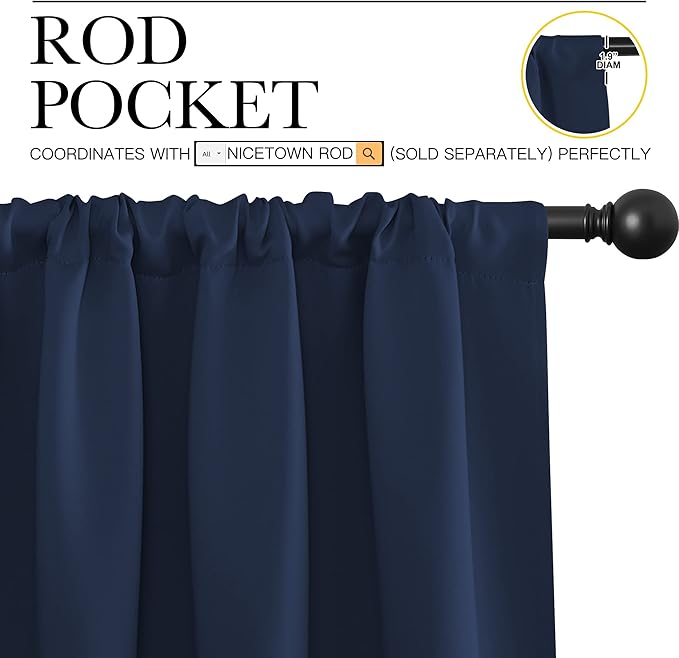 NICETOWN Living Room Curtains, Blackout Draperies, Home Decorations Thermal Insulated Solid Rod Pocket Blackout Drapes for Cafe (Navy, One Pair, 70 x 84-inch)