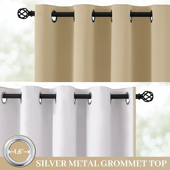 Yakamok 100% Blackout Curtain Panels 63 inches Cold and Light Blocking Drapes for Nursery, 2 Thick Layers Thermal Insulated Draperies (2 Pieces, 50 Wide Each Panel, Beige Front with White Backing)