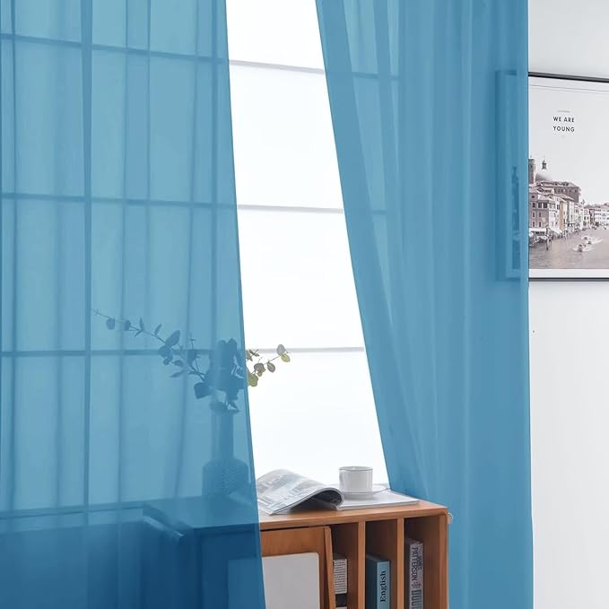 SpaceDresser Basic Rod Pocket Sheer Voile Window Curtain Panels Blue 1 Pair 2 Panels 52 Width 96 Inch Long for Kitchen Bedroom Children Living Room Yard（Blue, 52W x 96L）