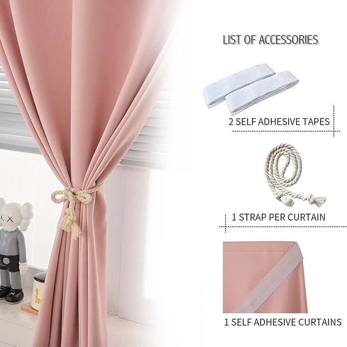 Self Adhesive Blackout Curtains- Stick on Curtains Shades Window Blinds Curtains No Rod Needed Easy to Hang Curtain, Use for Bedroom, Living Room,Roman Shades, 59" W X 59" L, Pink, 1 Panel