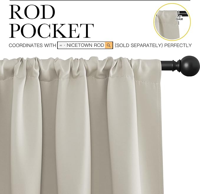 NICETOWN 2 Panels Blackout Curtains, Rod Pocket Thermal Insulated Drapes 84 inches Long, Easy-Care Modern Home Decoration Sunshades for Guest Room, Living Room, Office, 62 x 84 Inch, Natural