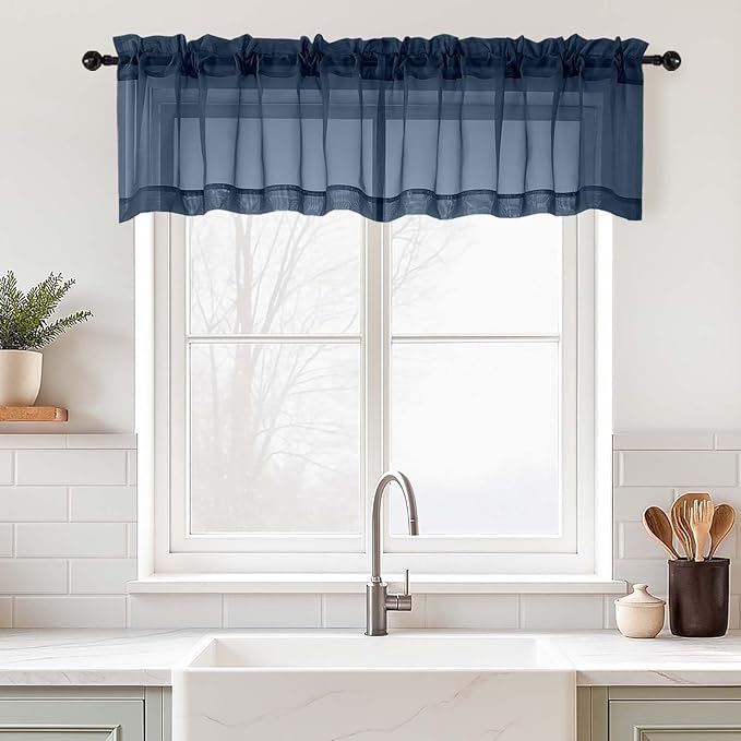 Navy Blue Valances for Windows 14 inch Length 2 Panels, Small Voile Sheer Curtains for Bathroom, Soft Fabric Lightweight Light Filtering Kitchen Curtains, Dual Rod Pocket, 2x42Wx14L Inches