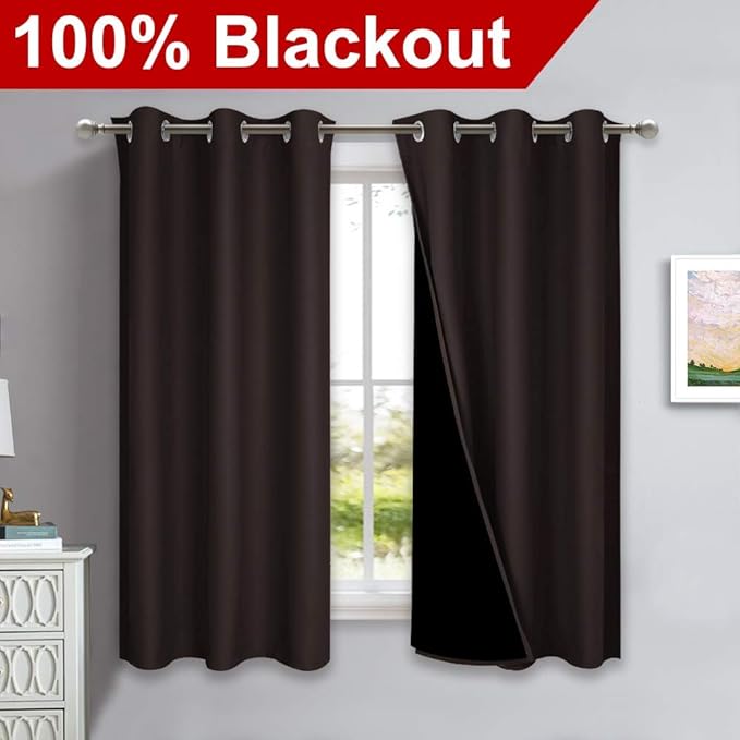 NICETOWN 100% Blackout Short Curtains with Black Liners, 2 Panels, 37" W by 40" L, Toffee Brown, Solid Thermal Insulated Full Blackout 2-Layer Lined Drapes, Energy Efficiency Window Drapes for Bedroom