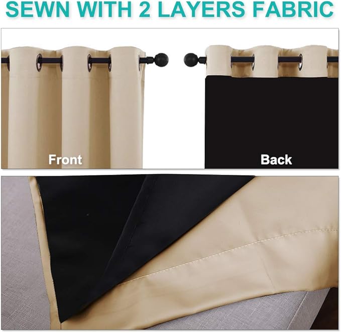 NICETOWN Cold Reducing Curtains, Bedroom Full Blackout Curtain Panels, Great Job for Blocking Light, Complete Blackout Draperies with Black Liner for Night Shift (Biscotti Beige, Set of 2, 55 by 57)