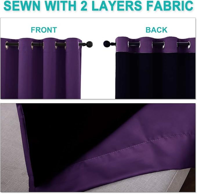 NICETOWN 100% Blackout Curtains with Black Liner Backing, Thermal Insulated Curtains for Living Room, Noise Reducing Drapes, Royal Purple, 37" Wide x 70" Long Per Panel, Set of 2 Panels