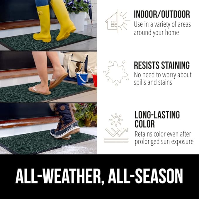 GORILLA GRIP 100% Waterproof All-Season WeatherMAX Doormat, 34x58, US Designed Natural Rubber, Stain and Fade Resistant, Low Profile Indoor Outdoor Door Mats, Easy Clean Patio Mat, Green Palm