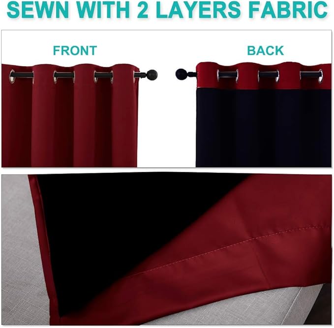 NICETOWN 100% Blackout Curtains with Black Liner Backing, Thermal Insulated Curtains for Living Room, Noise Reducing Drapes for Christmas, Burgundy Red, 52" x 120" Per Panel, Set of 2