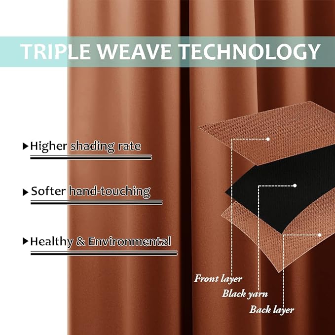 NICETOWN Burnt Orange 100% Blackout Curtains 45 inches Long, 2 Thick Layers Completely Blackout Window Treatment Thermal Insulated Lined Drapes for Small Window (1 Pair, 42 inches Width Each Panel)