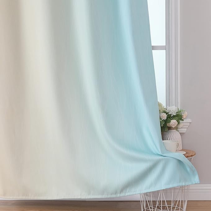 Estelar Textiler Beige and Aqua Ombre Blackout Curtains 45 Inch Length 2 Panels, Full Room Darkening Gradient Drapes for Kitchen, Thermal Insulated Grommet Short Curtains for Bathroom, 42Wx45L