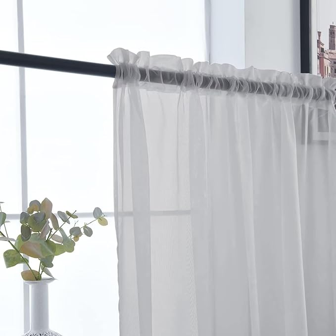 SpaceDresser Basic Rod Pocket Sheer Voile Window Curtain Panels Silver Grey 1 Pair 2 Panels 52 Width 45 Inch Long for Kitchen Bedroom Children Living Room Yard（Silver Grey, 52W x 45L）