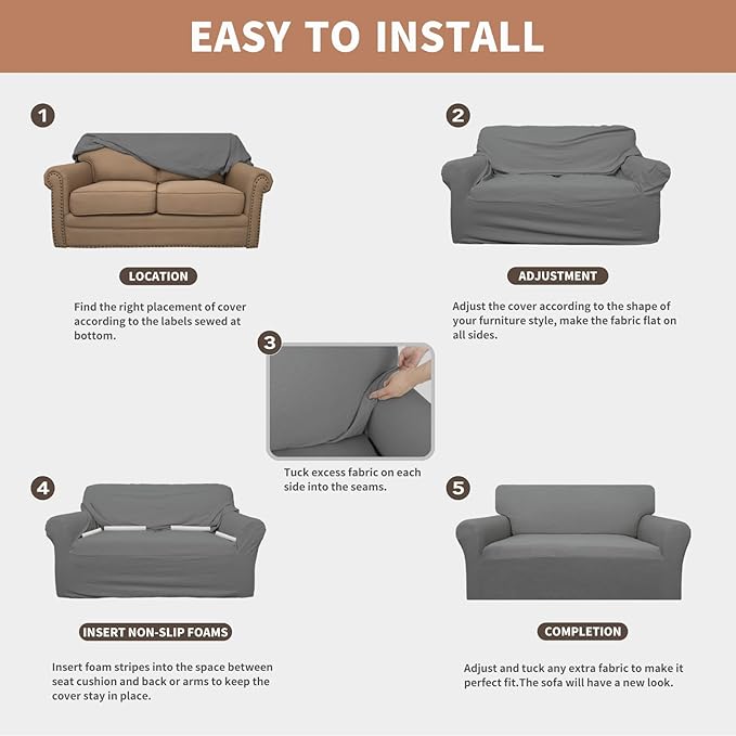 Easy-Going 100% Waterproof Loveseat Couch Cover, Dual Waterproof Sofa Cover, Stretch Jacquard Sofa Slipcover, Leakproof Furniture Protector for Kids, Pets, Dog and Cat (Loveseat, Grey)