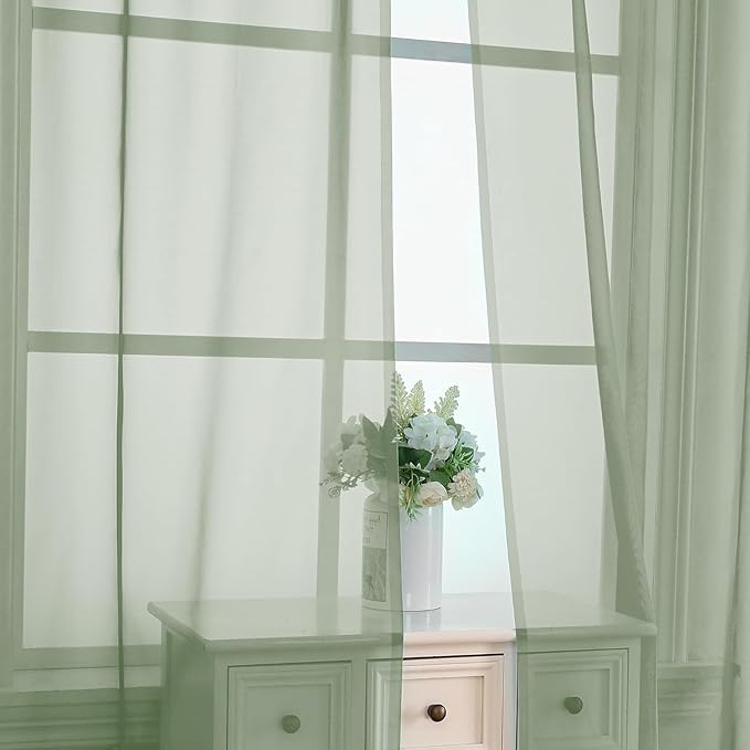 Aiyufeng Sage Green Sheer Curtains 63 inch Length 2 Panels Set for Farmhouse Kitchen Room, Elegant Light Filtering Voile Window Treatments, Each is 40W x 63L Inches