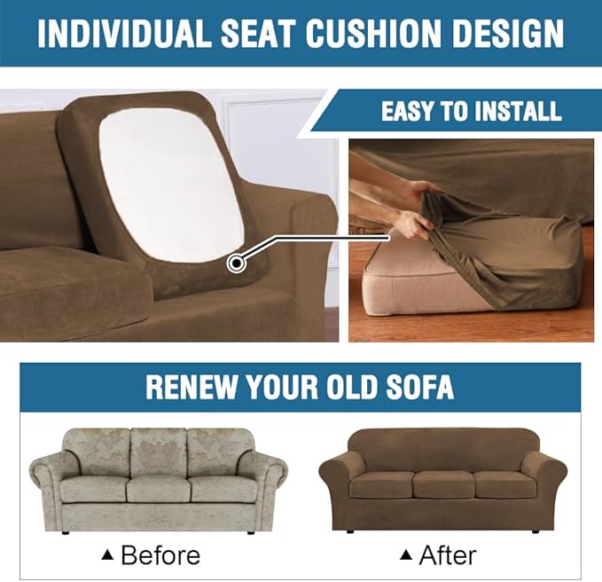 H.VERSAILTEX Modern Velvet Plush 4 Piece High Stretch Sofa Slipcover Furniture Protector Form Fit Velvet Extra Large Sofa Cover for 3 Cushion Couch Width Up to 105 Inch (XL Sofa, Bronze Brown)