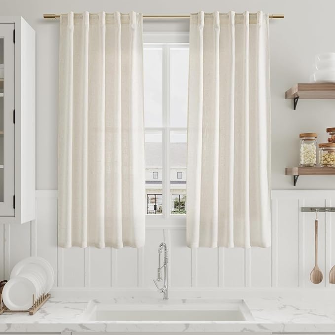 Nanspring 60 Inch Length Linen Curtains Cream Semi Sheer Light Filtering Back Tab and Rod Pocket Neutral Curtains for Bedroom Living Room 34 x 60 Inch,2 Panels