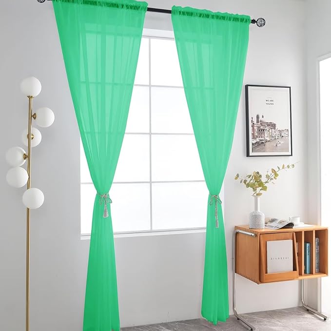 SpaceDresser Basic Rod Pocket Sheer Voile Window Curtain Panels Grass Green 1 Pair 2 Panels 52 Width 54 Inch Long for Kitchen Bedroom Children Living Room Yard（Grass Green, 52W x 54L）