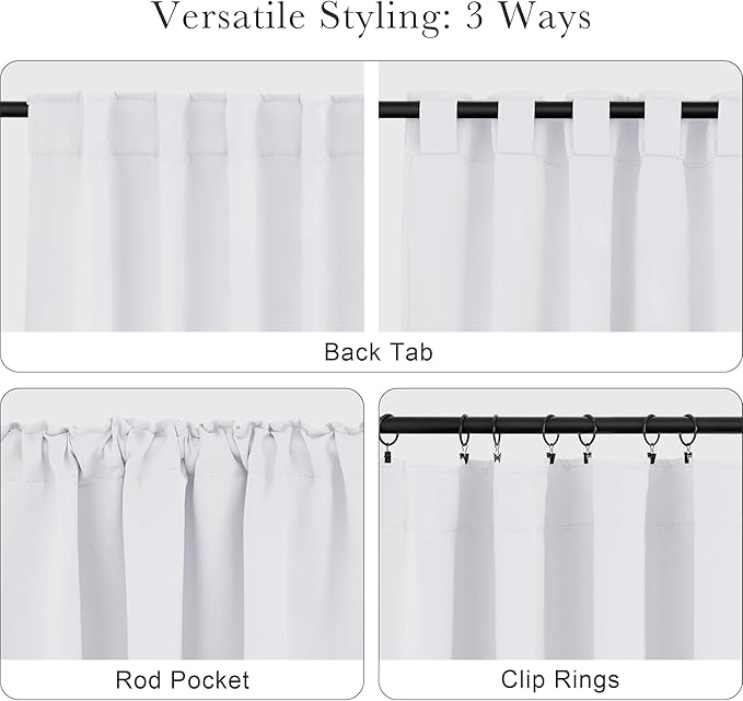 PONY DANCE Kitchen Curtains White - Thermal Insulated Draperies Light Filter Curtain Decorative Drapes with Back Tab Energy Saving for Kitchen, 52 Wide x 54 Long, Pure White, 2 Panels