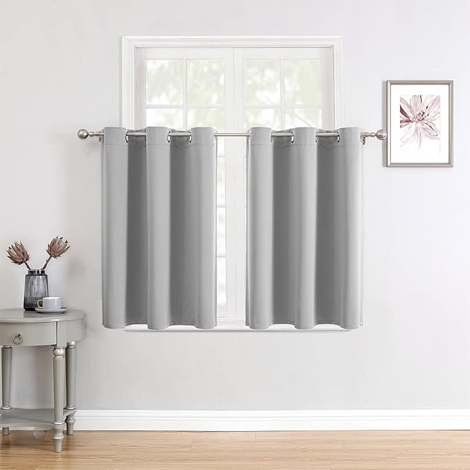 ChrisDowa Small Window Curtains for Kitchen and Bedroom - Grommet Short Thermal Insulated Room Darkening Curtains (2 Panels, Light Grey, 34 x 36 Inch)