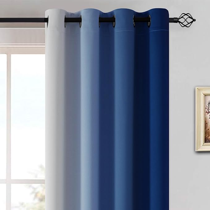 Yakamok Greyish White and Royal Blue Ombre Curtains,Light Blocking Curtains,Room Darkening Grommet Window Drapes for Bedroom(Royal Blue,52x84 Inch,2 Panels)
