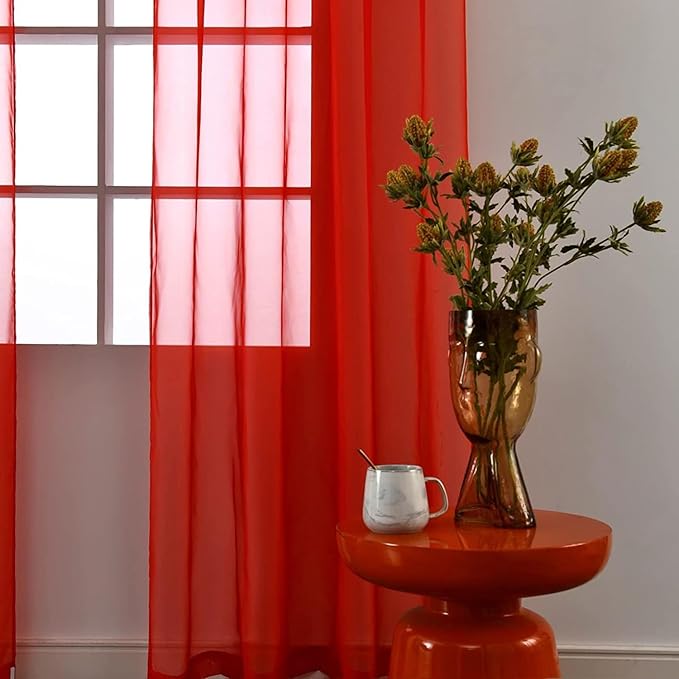 SpaceDresser Sheer Red Curtains 4 Panels Rod Pocket Semi-Sheer Curtain 96 Inches Long Light Filtering Voile Window Drapes for Bedroom Living Room Kitchen, Each 52W x 96L