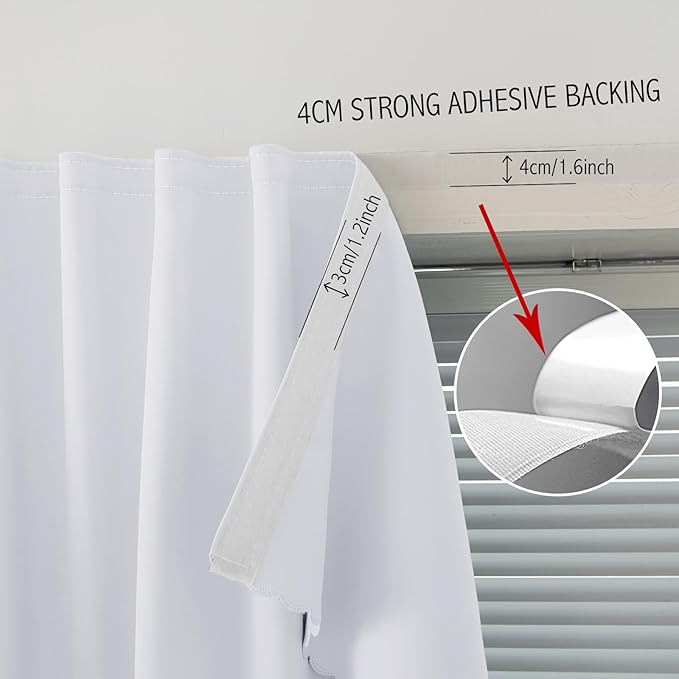 self Adhesive Curtains Portable Blackout Curtain Simple and Easy to Install Bedroom Window Thermal Lnsulated Kitchen Room Darkening Black Small Drapes, 35" W X 59" L, White, 1 Panel