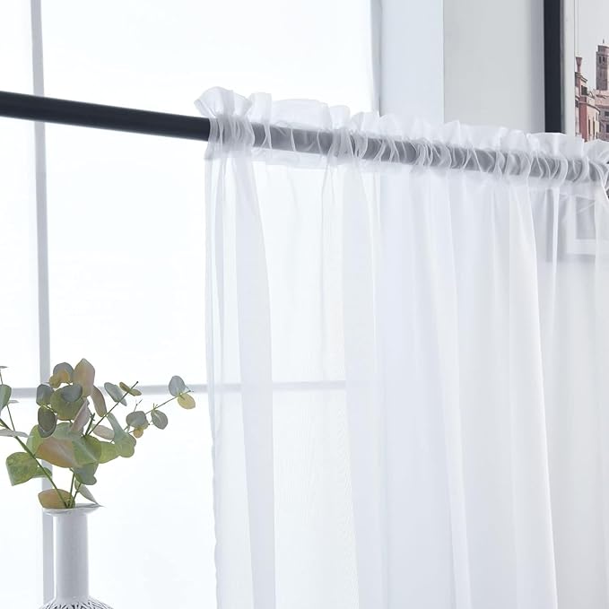 SpaceDresser Sheer White Curtains 4 Panels Rod Pocket Semi-Sheer Curtain 90 Inches Long Light Filtering Voile Window Drapes for Bedroom Living Room Kitchen, Each 52W x 90L