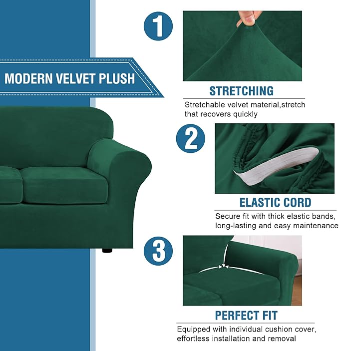 H.VERSAILTEX Real Velvet Plush 3 Piece Stretch Sofa Covers Couch Covers for 2 Cushion Couch Sofa Slipcovers Width Up to 90 Inch Feature Thick Soft Stay in Place (Large Sofa, Vintage Green)