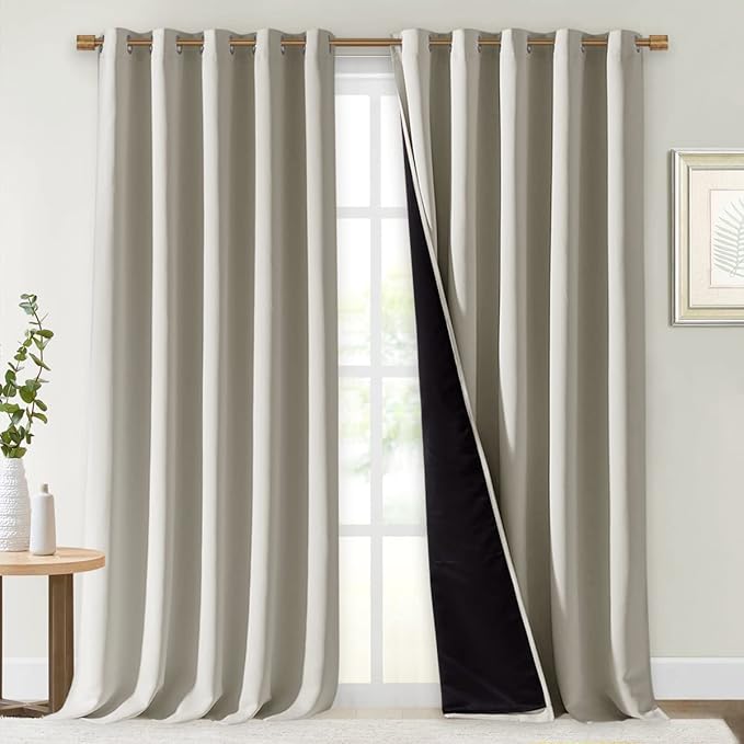 NICETOWN Natural 100% Blackout Curtains for Windows, Super Heavy-Duty Black Lined Total Darkness Drapes for Bedroom, Privacy Assured Window Treatment for Patio (Pack of 2, 70 inches W x 108 inches L)