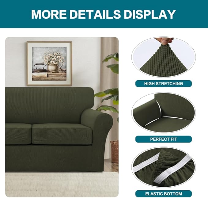 Turquoize 3 Piece Sofa Covers for 2 Cushion Couch Sofa Slipcover Soft Couch Cover for Dogs-Washable Sofa Furniture Cover with 2 Individual Cushion Covers, Thick Jacquard Fabric (Loveseat, Olive)