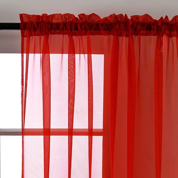 SpaceDresser Sheer Red Curtains 4 Panels Rod Pocket Semi-Sheer Curtain 63 Inches Long Light Filtering Voile Window Drapes for Bedroom Living Room Kitchen, Each 52W x 63L