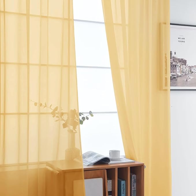 SpaceDresser Basic Rod Pocket Sheer Voile Window Curtain Panels Gold 1 Pair 2 Panels 52 Width 45 Inch Long for Kitchen Bedroom Children Living Room Yard（Gold, 52W x 45L）