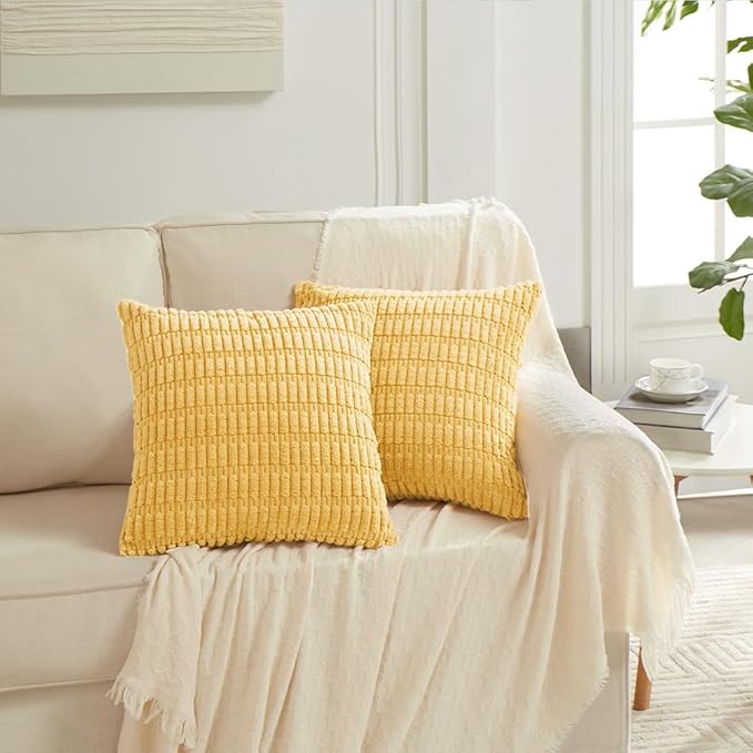 Fancy Homi 4 Packs Yellow Big Decorative Throw Pillow Covers 24x24 Inch for Living Room Couch Bed Sofa, Fall Farmhouse Boho Home Decor, Soft Striped Corduroy Square Cushion Case 60x60 cm