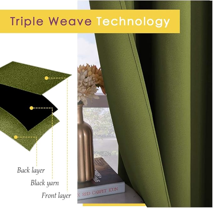 NICETOWN Blackout Curtains & Drapes for Bedroom, Olive Green, W34 x L48, Set of 2, Triple Weave Grommet Top Thermal Insulated Light Blocking Panels for Bathroom/Living Room