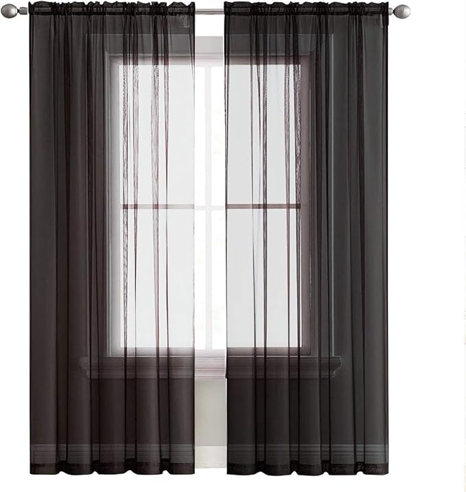 SpaceDresser Black Sheer Curtains 4 Panels Rod Pocket Semi-Sheer Curtain 63 Inches Long Light Filtering Voile Window Drapes for Bedroom Living Room Kitchen, Each 52W x 63L