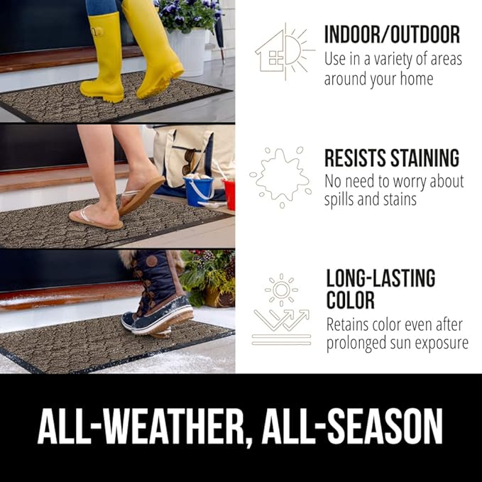 GORILLA GRIP 100% Waterproof All-Season WeatherMAX Doormat US Designed Natural Rubber, Stain and Fade Resistant, Low Profile Indoor Outdoor Door Mats, Easy Clean Patio Mat, 29x17, Latte Quatrefoil