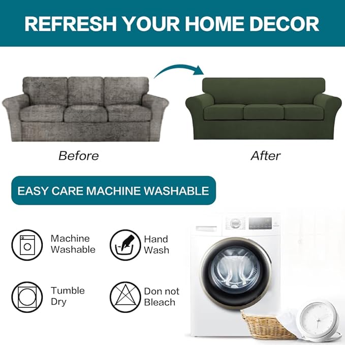 Turquoize 4 Piece Sofa Covers for 3 Cushion Couch Sofa Slipcover Soft Couch Cover for Dogs-Washable Sofa Furniture Covers with 3 Individual Large Cushion Covers (XL Sofa, Olive)
