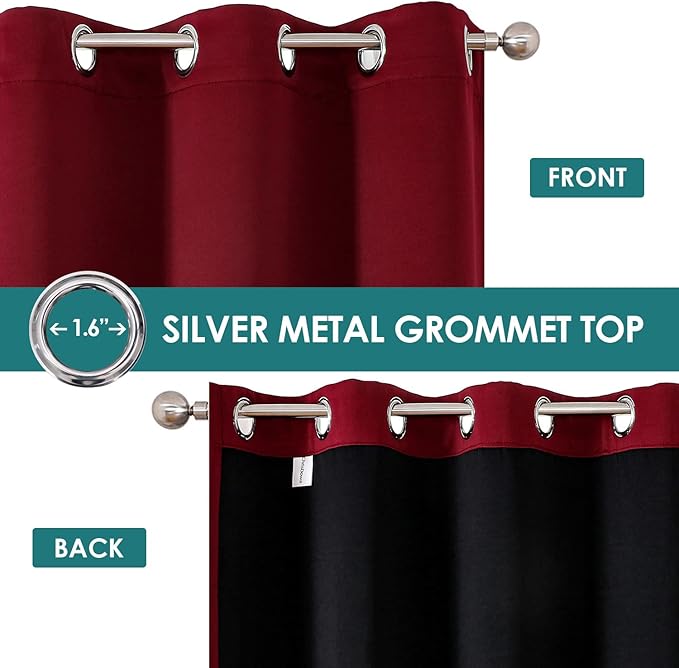 ChrisDowa 100% Blackout Curtains for Bedroom with Black Liner, 2 Thick Layers Total Blackout Thermal Insulated Grommet Window Curtains 2 Panels Set (Burgundy, 52 x 63 Inch)