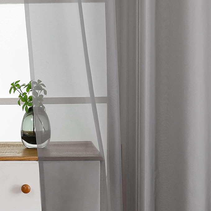 Grey Small Sheer Curtains Tier 24 Inches Length 2 Pieces, Light Filtering Cafe Curtains for Living Room Bathroom, Window Treatments Dual Rod Pocket Panels, Charcoal Grey, 2X42Wx24L Inches