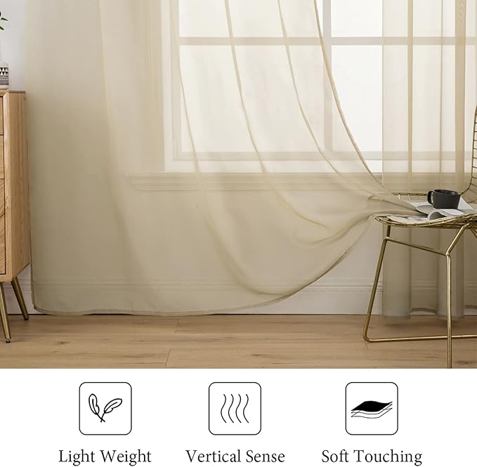 MIULEE 2 Panels Solid Color Sheer Window Curtains Elegant Window Voile Panels/Drapes/Treatment for Bedroom Living Room (54X54 Inches Beige)