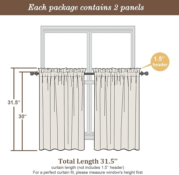 Chyhomenyc Short Sheer Curtains 30 inch Length 2 Panels - Light Filtering Voile Rod Pocket Window Curtians for Bathroom Living Room Farmhouse Small Windows, 42Wx30L inches, Light Yellow