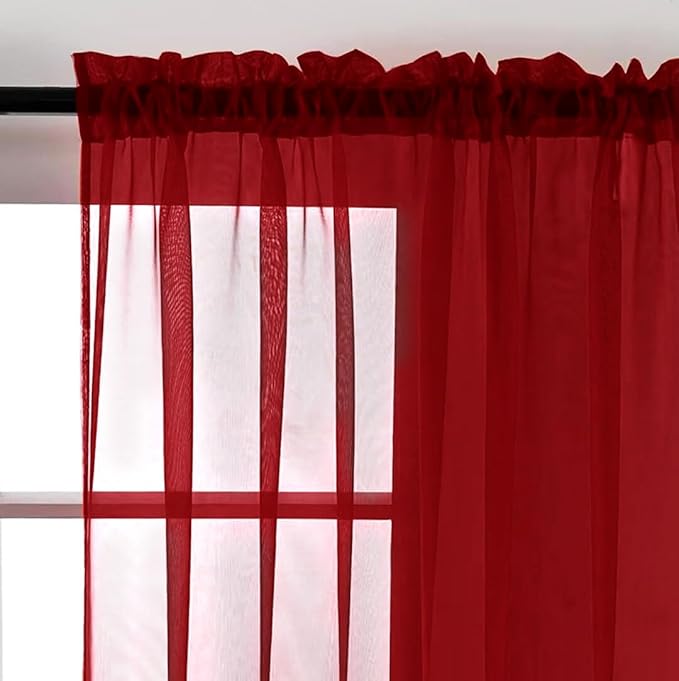SpaceDresser Christmas Red Sheer Curtains 4 Panels Rod Pocket Semi-Sheer Curtain 84 Inches Long Light Filtering Voile Window Drapes for Bedroom Living Room Kitchen, Each 52W x 84L