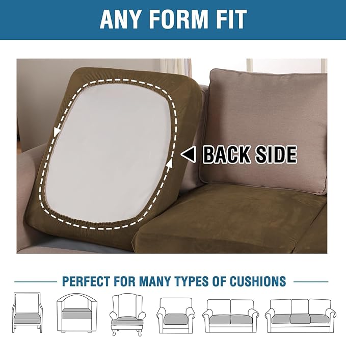 H.VERSAILTEX Velvet Stretch Couch Cushion Cover Plush Cushion Slipcover for Chair Loveseat Sofa Cushion Furniture Protector Seat Cushion Sofa Cover (2 Piece Large Sofa Cushion Covers, Bronze Brown)